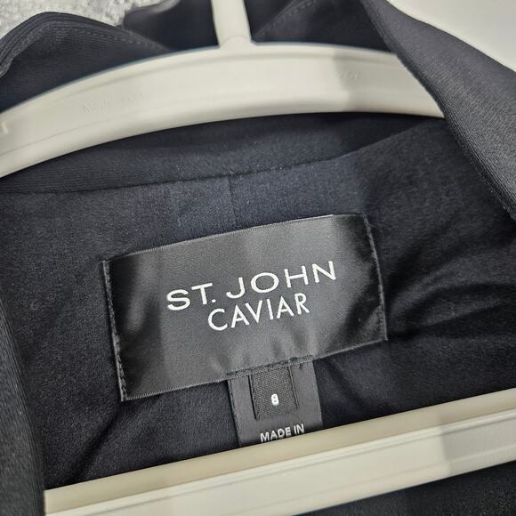 St. John Caviar Blazer Jacket Black Open Front Long Sleeve Pockets Lined Size 8 - Picture 3 of 6